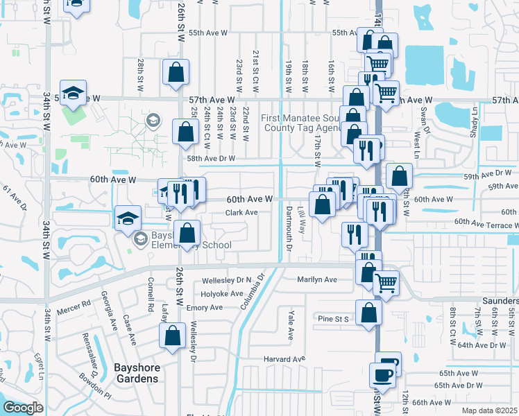 map of restaurants, bars, coffee shops, grocery stores, and more near 2003 Flamingo Boulevard in Bradenton