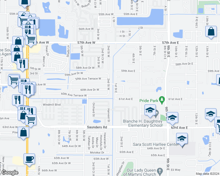 map of restaurants, bars, coffee shops, grocery stores, and more near 6011 2nd Street West in Bradenton