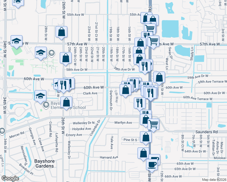 map of restaurants, bars, coffee shops, grocery stores, and more near 6007 Dartmouth Drive in Bradenton