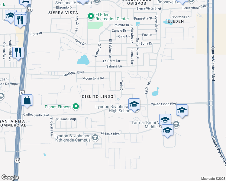 map of restaurants, bars, coffee shops, grocery stores, and more near Palermo Drive in Laredo