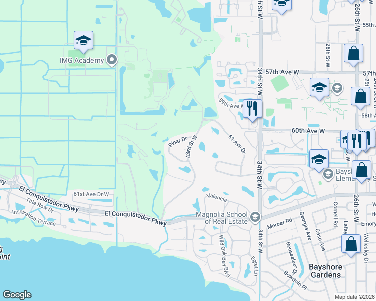map of restaurants, bars, coffee shops, grocery stores, and more near 5950 43rd Street West in Bradenton