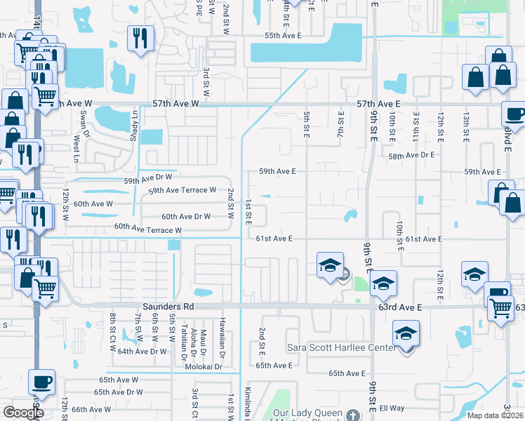 map of restaurants, bars, coffee shops, grocery stores, and more near 207 60th Avenue East in Bradenton