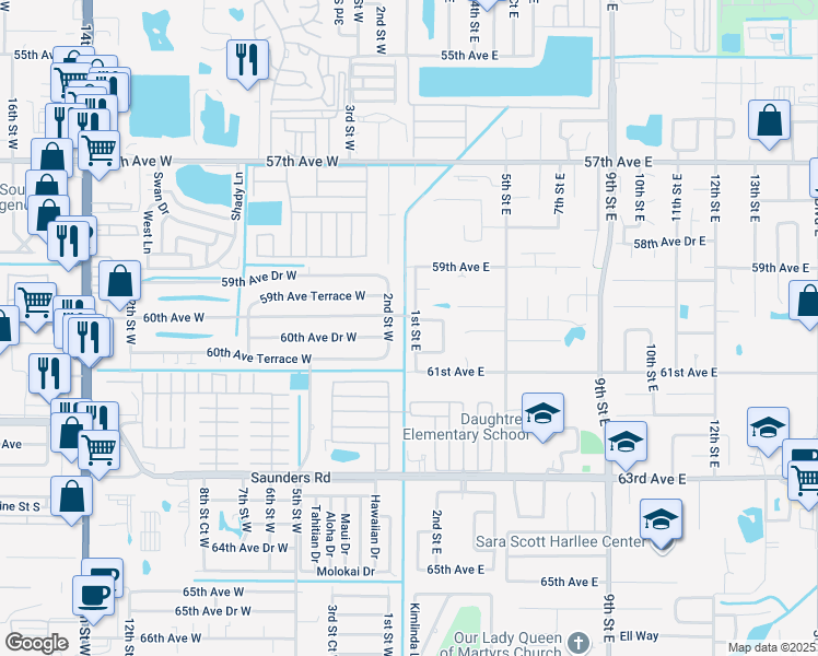 map of restaurants, bars, coffee shops, grocery stores, and more near 5932 1st Street East in Bradenton