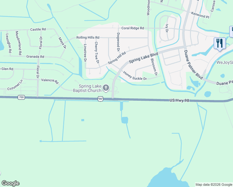 map of restaurants, bars, coffee shops, grocery stores, and more near 115 Spring Lake Boulevard in Sebring