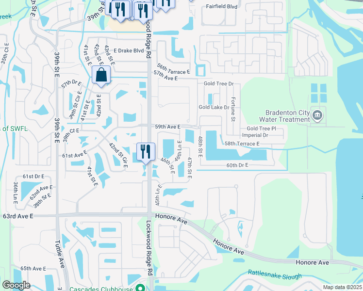 map of restaurants, bars, coffee shops, grocery stores, and more near 6112 46th Lane East in Bradenton