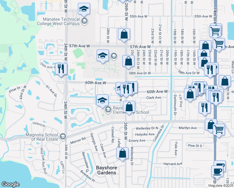 map of restaurants, bars, coffee shops, grocery stores, and more near 2715 60th Avenue Drive West in Bradenton