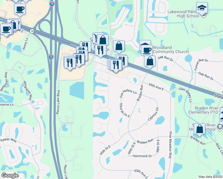 map of restaurants, bars, coffee shops, grocery stores, and more near 9211 59th Avenue Drive East in Bradenton