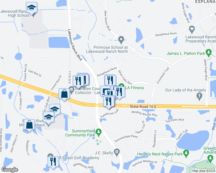 map of restaurants, bars, coffee shops, grocery stores, and more near 11645 Monument Dr in Bradenton