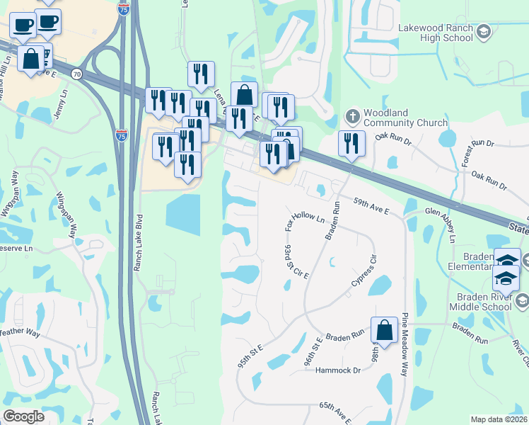 map of restaurants, bars, coffee shops, grocery stores, and more near 9211 59th Avenue Drive East in Bradenton