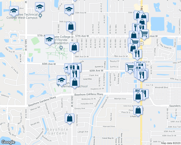 map of restaurants, bars, coffee shops, grocery stores, and more near 2213 Flamingo Boulevard in Bradenton