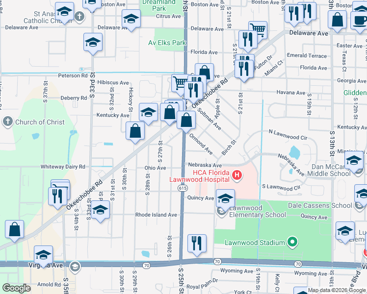 map of restaurants, bars, coffee shops, grocery stores, and more near 1355 South 25th Street in Fort Pierce