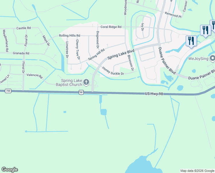 map of restaurants, bars, coffee shops, grocery stores, and more near 115 Spring Lake Boulevard in Sebring