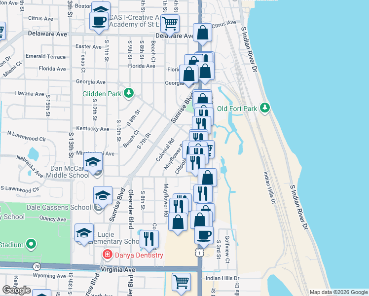 map of restaurants, bars, coffee shops, grocery stores, and more near 1010 Colonial Road in Fort Pierce