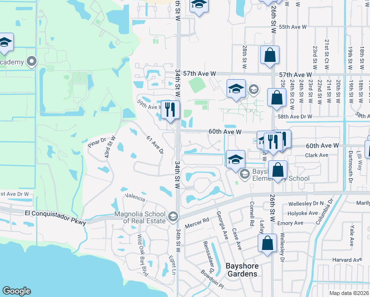 map of restaurants, bars, coffee shops, grocery stores, and more near 6050 34th Street West in Bradenton