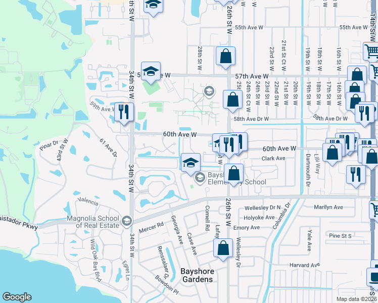 map of restaurants, bars, coffee shops, grocery stores, and more near 2808 60th Avenue West in Bradenton
