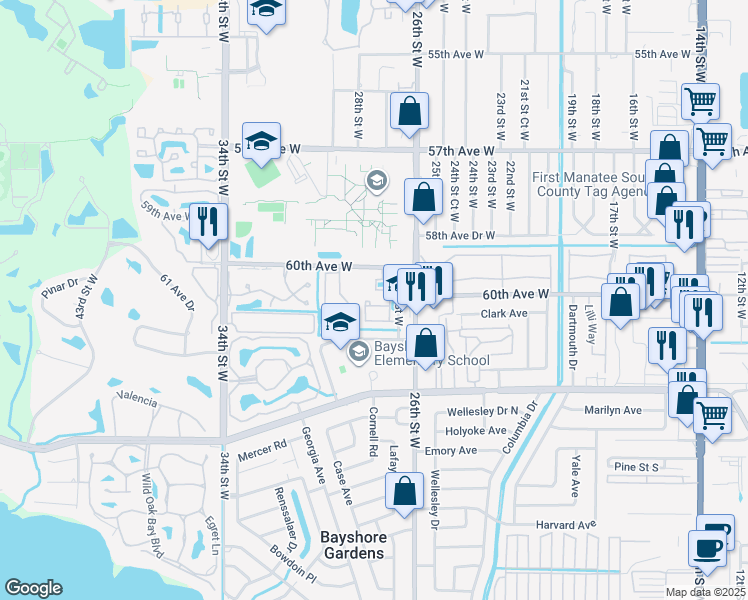 map of restaurants, bars, coffee shops, grocery stores, and more near 2800 60th Avenue West in Bradenton
