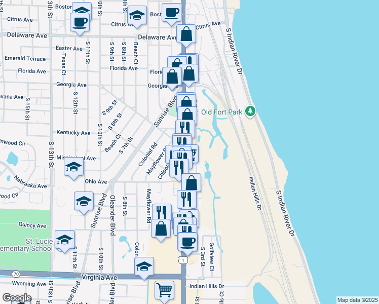 map of restaurants, bars, coffee shops, grocery stores, and more near 1102 U.S. 1 in Fort Pierce