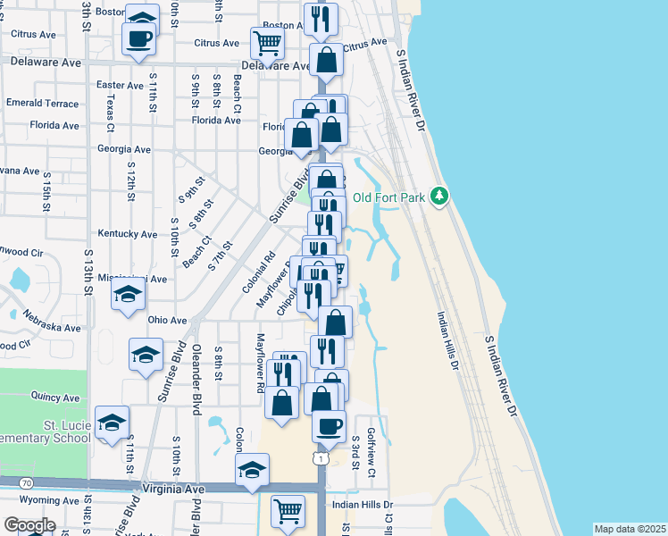 map of restaurants, bars, coffee shops, grocery stores, and more near 1102 U.S. 1 in Fort Pierce