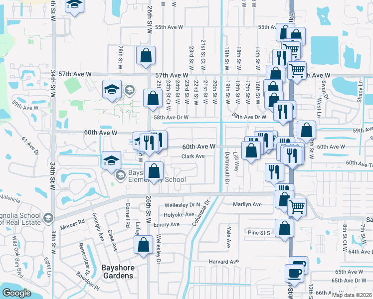 map of restaurants, bars, coffee shops, grocery stores, and more near 2213 Flamingo Boulevard in Bradenton