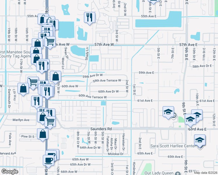 map of restaurants, bars, coffee shops, grocery stores, and more near 403 60th Avenue West in Bradenton