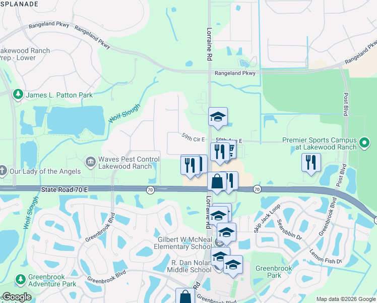 map of restaurants, bars, coffee shops, grocery stores, and more near 14468 59th Circle East in Bradenton