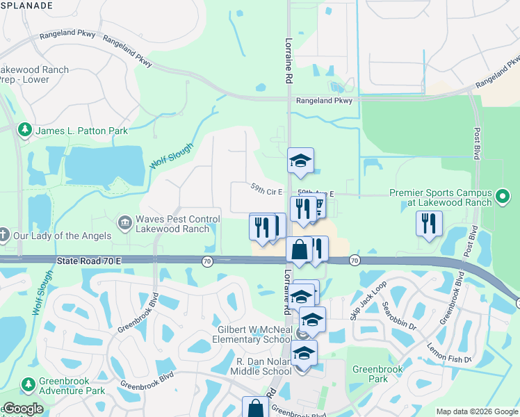 map of restaurants, bars, coffee shops, grocery stores, and more near 14468 59th Circle East in Bradenton