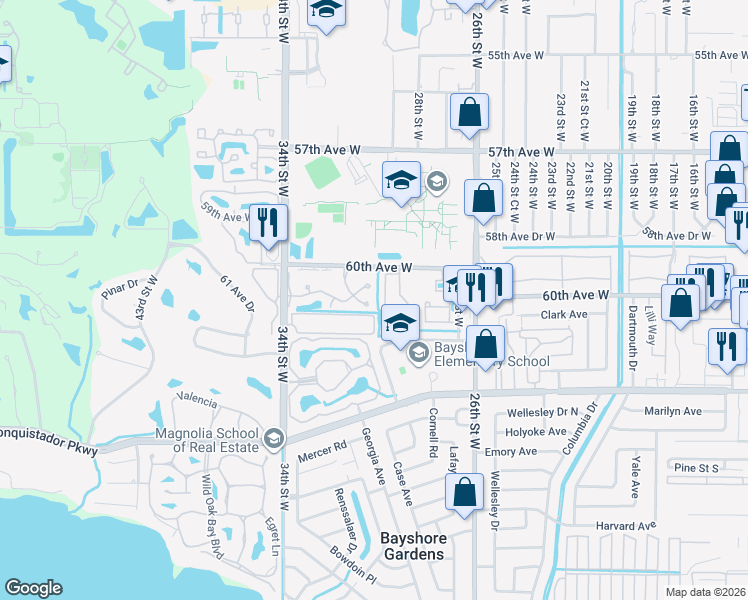 map of restaurants, bars, coffee shops, grocery stores, and more near 3002 Vivienda Boulevard in Bradenton