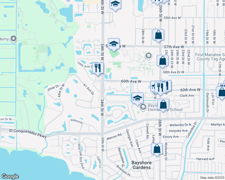 map of restaurants, bars, coffee shops, grocery stores, and more near 3302 Vivienda Boulevard in Bradenton