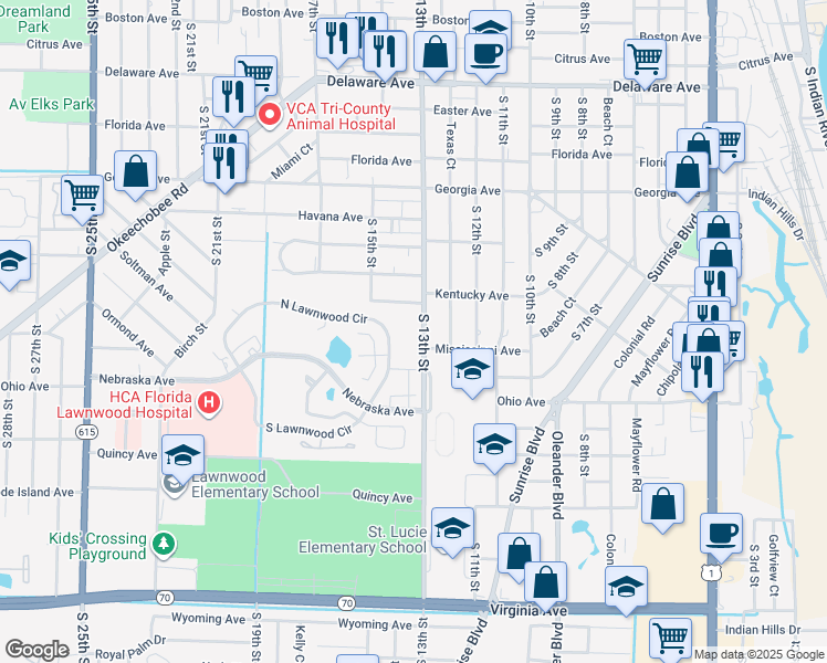 map of restaurants, bars, coffee shops, grocery stores, and more near 1458 North Lawnwood Circle in Fort Pierce