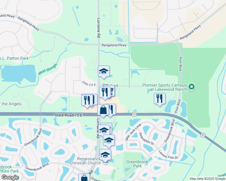 map of restaurants, bars, coffee shops, grocery stores, and more near 14710 59th Avenue East in Bradenton