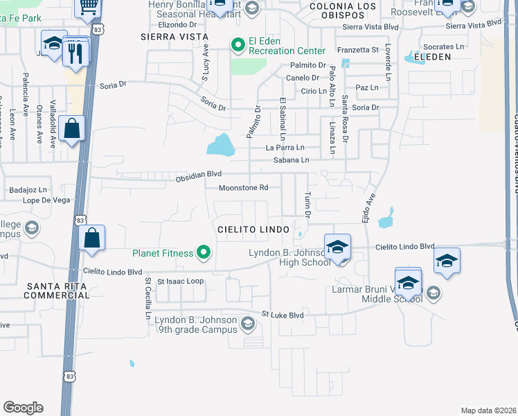 map of restaurants, bars, coffee shops, grocery stores, and more near Palermo Drive in Laredo