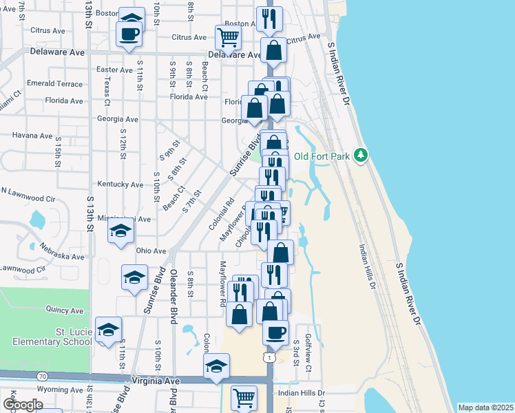map of restaurants, bars, coffee shops, grocery stores, and more near 1101 South Us Highway 1 in Fort Pierce