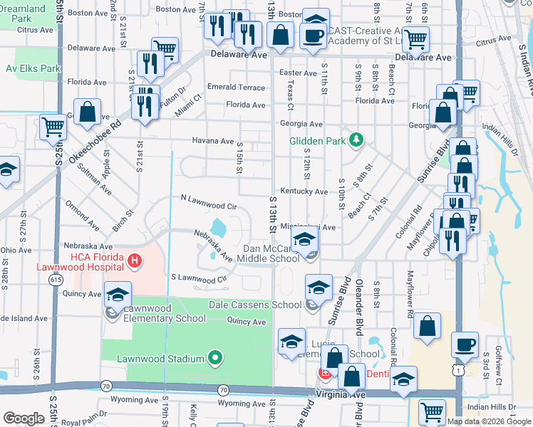 map of restaurants, bars, coffee shops, grocery stores, and more near 1458 North Lawnwood Circle in Fort Pierce
