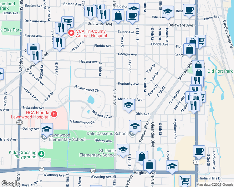 map of restaurants, bars, coffee shops, grocery stores, and more near 1306 South 13th Street in Fort Pierce