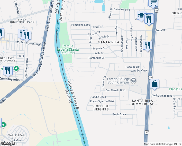 map of restaurants, bars, coffee shops, grocery stores, and more near 115 Frank Sciaraffa Drive in Laredo
