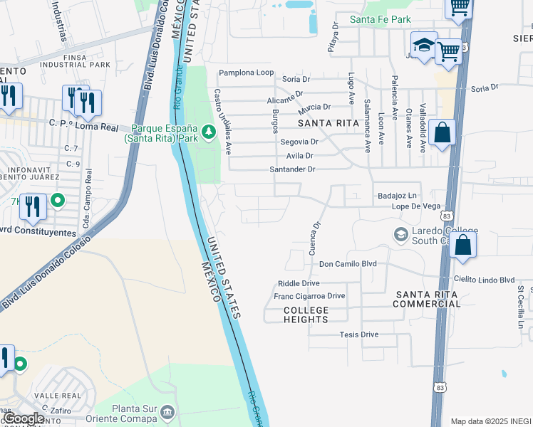 map of restaurants, bars, coffee shops, grocery stores, and more near 115 Frank Sciaraffa Drive in Laredo
