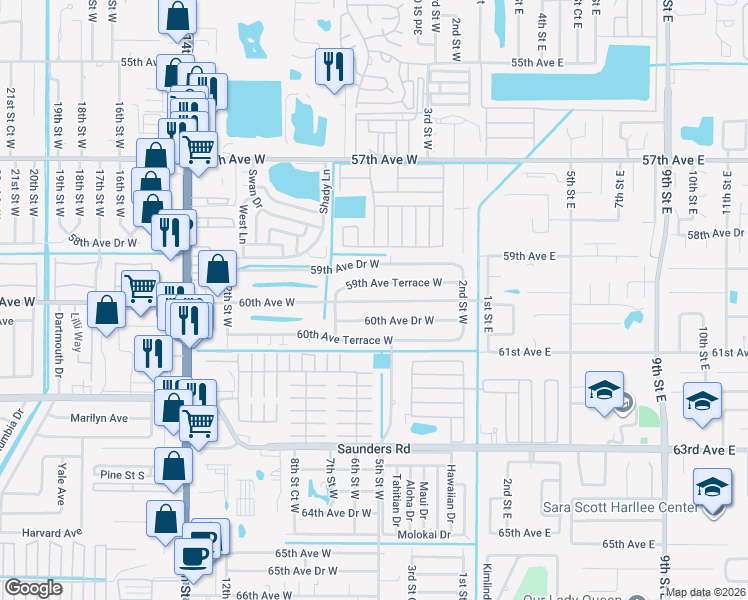 map of restaurants, bars, coffee shops, grocery stores, and more near 513 60th Avenue West in Bradenton