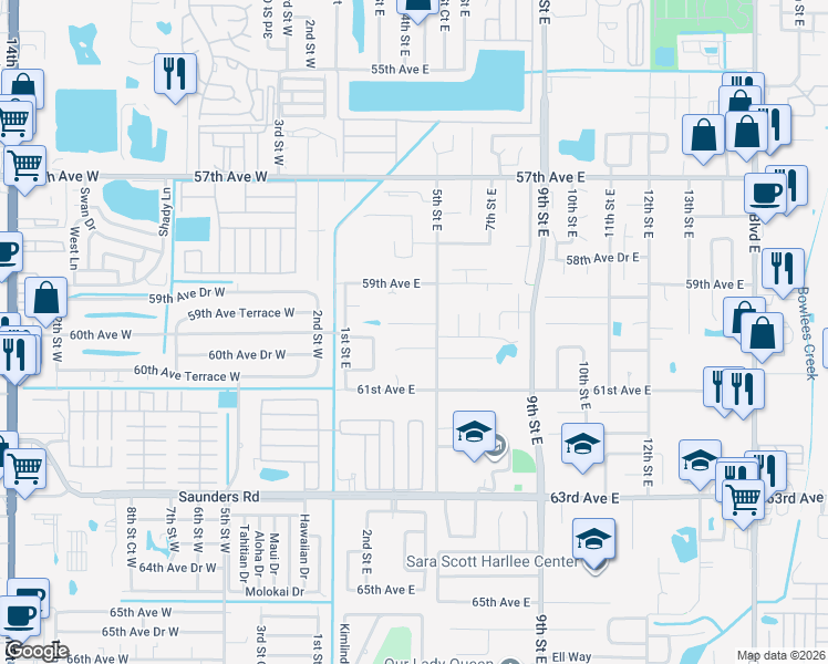 map of restaurants, bars, coffee shops, grocery stores, and more near 412 60th Avenue East in Bradenton