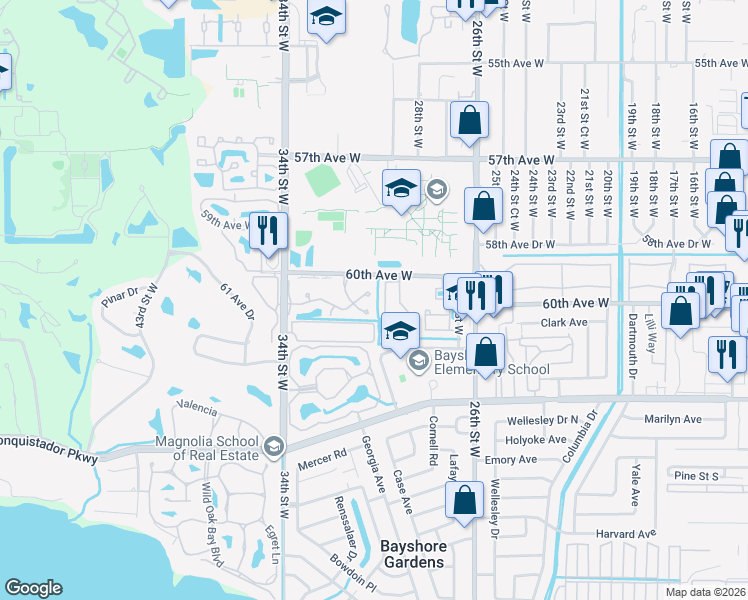 map of restaurants, bars, coffee shops, grocery stores, and more near 3002 Vivienda Boulevard in Bradenton