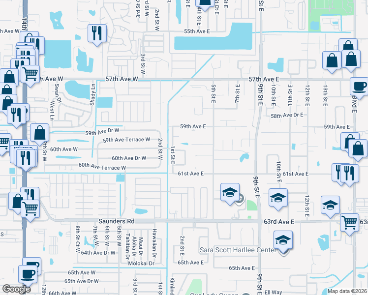 map of restaurants, bars, coffee shops, grocery stores, and more near 207 60th Avenue East in Bradenton