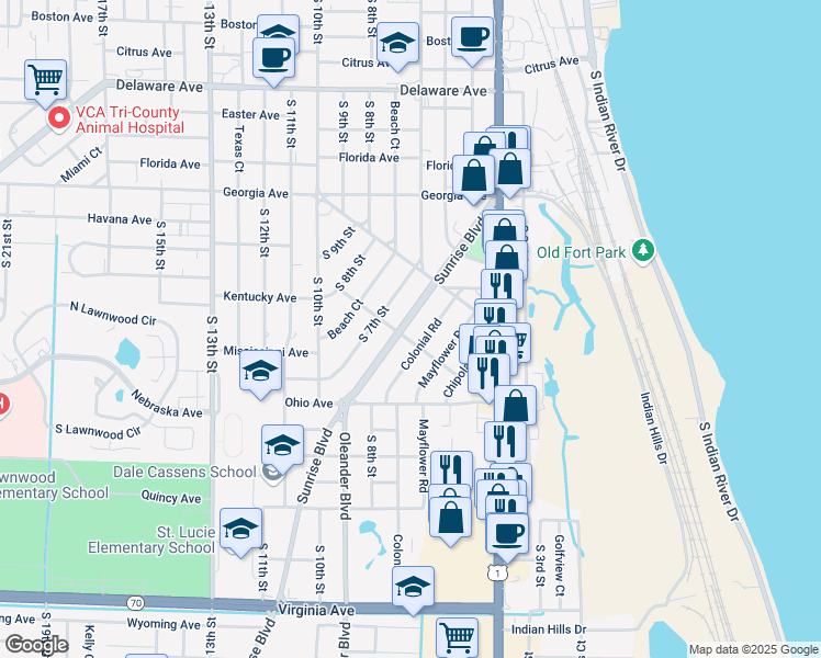 map of restaurants, bars, coffee shops, grocery stores, and more near 1024 Sunrise Boulevard in Fort Pierce