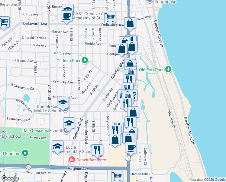 map of restaurants, bars, coffee shops, grocery stores, and more near 1010 Colonial Road in Fort Pierce
