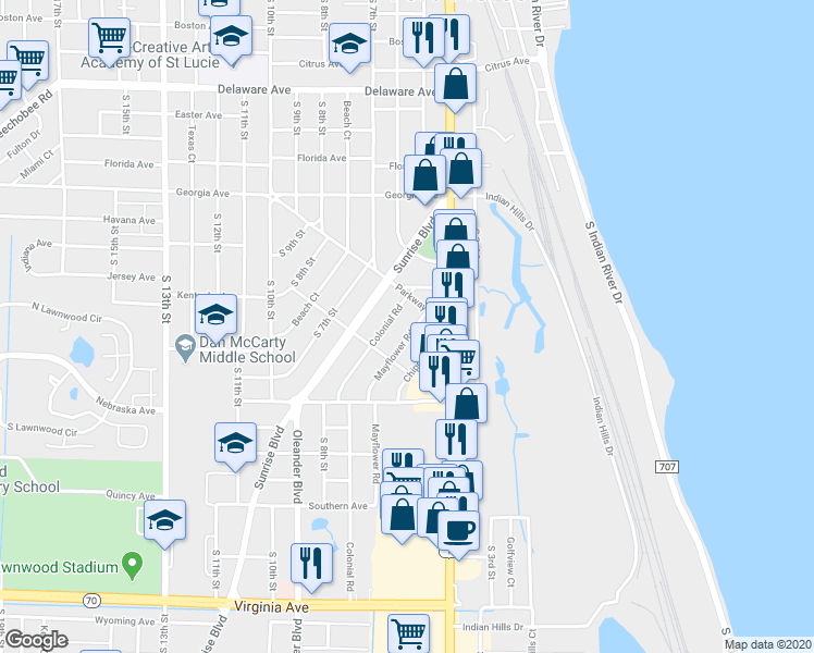 map of restaurants, bars, coffee shops, grocery stores, and more near 1005 Mayflower Road in Fort Pierce