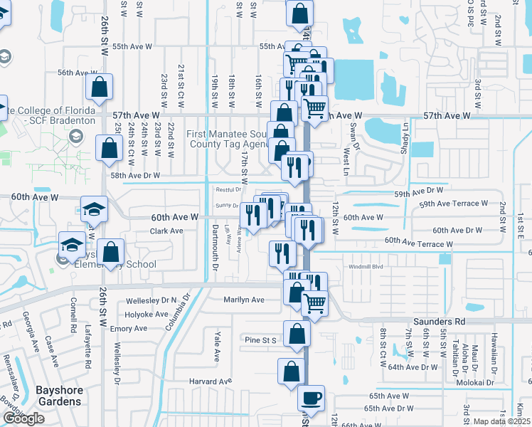 map of restaurants, bars, coffee shops, grocery stores, and more near 1603 60th Avenue West in Bradenton