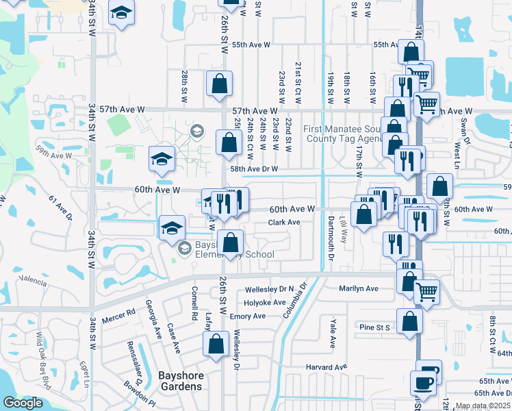 map of restaurants, bars, coffee shops, grocery stores, and more near 2357 60th Avenue West in Bradenton