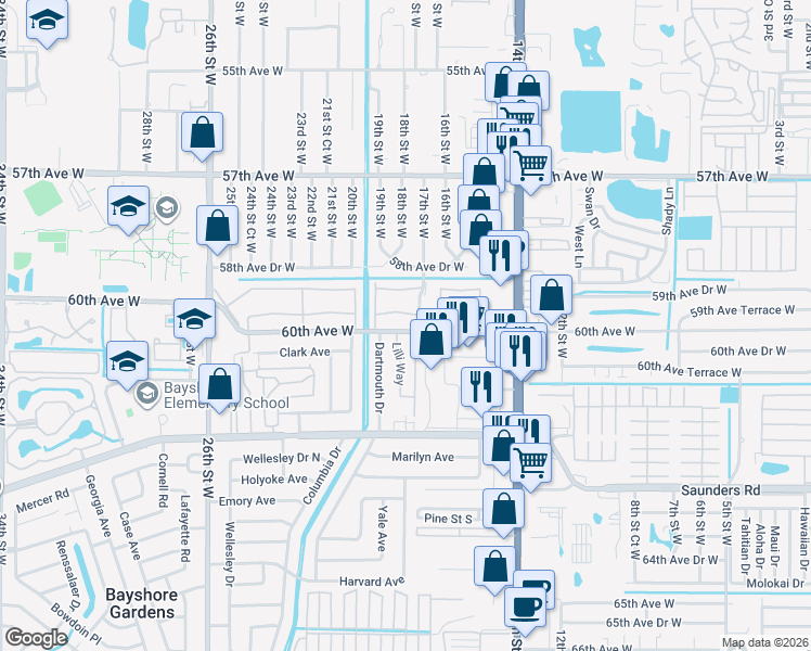 map of restaurants, bars, coffee shops, grocery stores, and more near 1827 60th Avenue West in Bradenton
