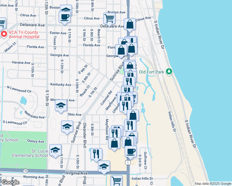 map of restaurants, bars, coffee shops, grocery stores, and more near 1010 Colonial Road in Fort Pierce
