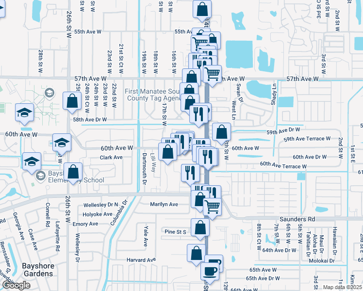 map of restaurants, bars, coffee shops, grocery stores, and more near 1603 60th Avenue West in Bradenton