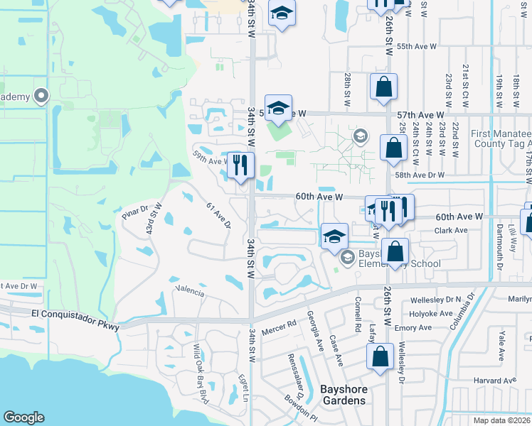 map of restaurants, bars, coffee shops, grocery stores, and more near 3302 Vivienda Boulevard in Bradenton