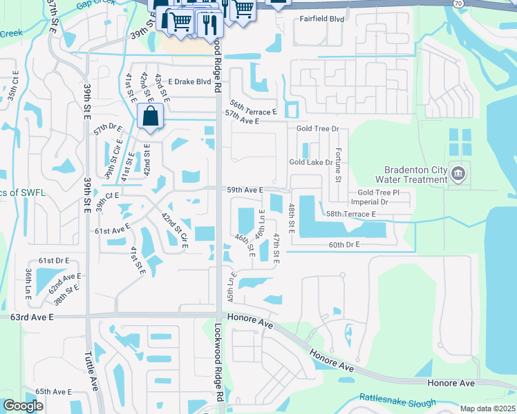 map of restaurants, bars, coffee shops, grocery stores, and more near 6112 46th Lane East in Bradenton